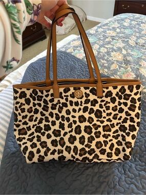 Tory Burch Leopard Canvas Tote with Tan Trim and Gold Logo